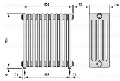 Схема (чертеж) Радиатор Zehnder Charleston 6090/11 №3570 Белый глянцевый RAL 9016